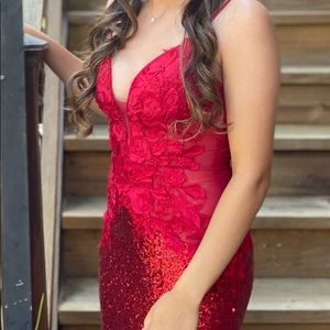 Red sequin and lace Jovani prom gown. Woman pictured is 5’2”. Worn once June 21